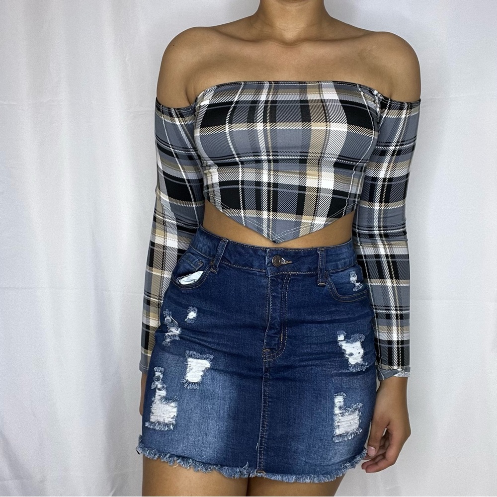 Plaid Long Sleeve Crop Top